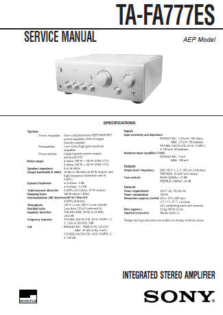 SONY TA-FA777ES INTEGRATED STEREO AMPLIFIER SERVICE MANUAL INC PCBS SCHEM DIAGS AND PARTS LIST 24 PAGES ENG