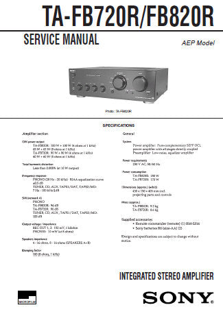 SONY TA-FB720R TA-FB820R INTEGRATED STEREO AMPLIFIER SERVICE MANUAL INC PCBS SCHEM DIAGS AND PARTS LIST 25 PAGES ENG