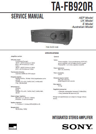 SONY TA-FB920R INTEGRATED STEREO AMPLIFIER SERVICE MANUAL INC PCBS SCHEM DIAGS AND PARTS LIST 25 PAGES ENG