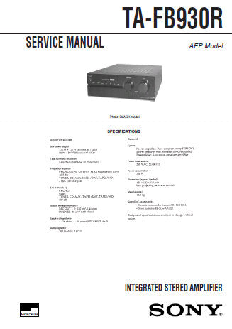 SONY TA-FB930R INTEGRATED STEREO AMPLIFIER SERVICE MANUAL INC PCBS SCHEM DIAGS AND PARTS LIST 24 PAGES ENG