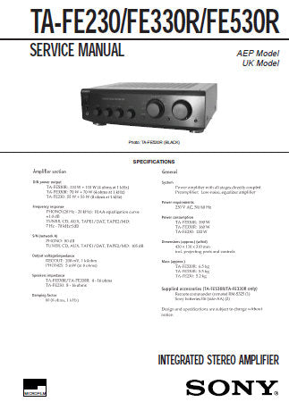 SONY TA-FE230 TA-FE330R TA-FE530R INTEGRATED STEREO AMPLIFIER SERVICE MANUAL INC PCBS SCHEM DIAGS AND PARTS LIST 23 PAGES ENG
