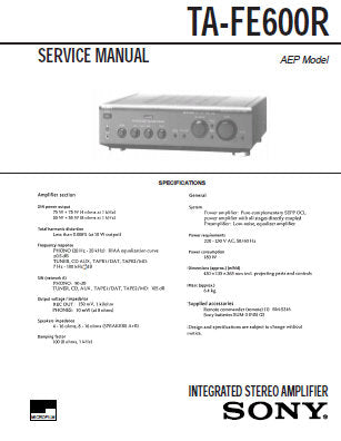SONY TA-FE600R INTEGRATED STEREO AMPLIFIER SERVICE MANUAL INC PCBS SCHEM DIAGS AND PARTS LIST 20 PAGES ENG