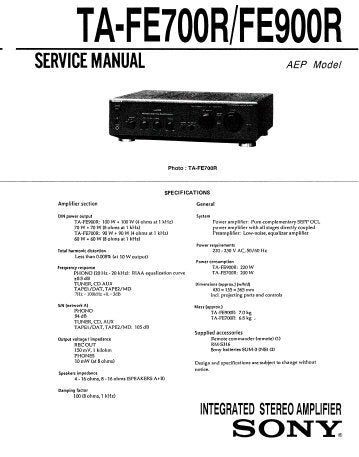 SONY TA-FE700R TA-FE900R INTEGRATED STEREO AMPLIFIER SERVICE MANUAL INC PCBS SCHEM DIAGS AND PARTS LIST 21 PAGES ENG