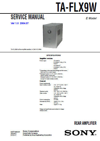 SONY TA-FLX9W REAR AMPLIFIER SERVICE MANUAL INC BLK DIAG PCBS SCHEM DIAGS AND PARTS LIST 26 PAGES ENG