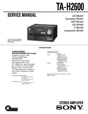 SONY TA-H2600 STEREO AMPLIFIER SERVICE MANUAL INC BLK DIAG PCBS SCHEM DIAGS AND PARTS LIST 25 PAGES ENG