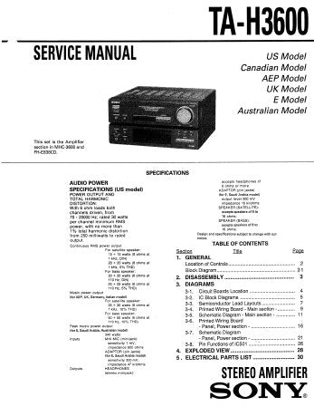 SONY TA-H3600 STEREO AMPLIFIER SERVICE MANUAL INC BLK DIAG PCBS SCHEM DIAGS AND PARTS LIST 20 PAGES ENG