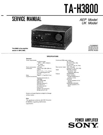 SONY TA-H3800 POWER AMPLIFIER SERVICE MANUAL INC BLK DIAG PCBS SCHEM DIAGS AND PARTS LIST 29 PAGES ENG