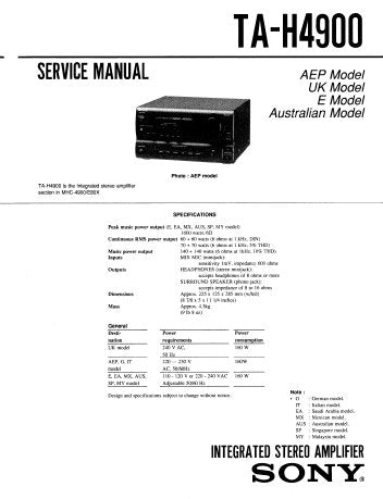 SONY TA-H4900 INTEGRATED STEREO AMPLIFIER SERVICE MANUAL INC BLK DIAG PCBS SCHEM DIAG AND PARTS LIST 18 PAGES ENG