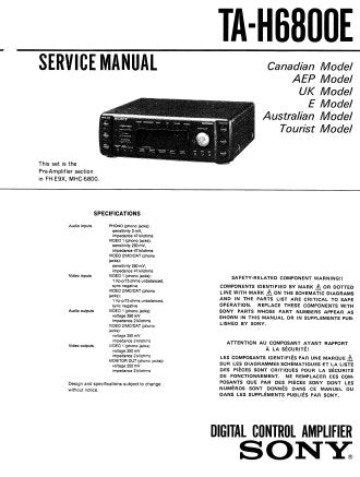 SONY TA-H6800E DIGITAL CONTROL AMPLIFIER SERVICE MANUAL INC BLK DIAG PCBS SCHEM DIAG AND PARTS LIST 21 PAGES ENG