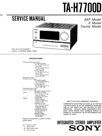 SONY TA-H7700D STEREO INTEGRATED AMPLIFIER SERVICE MANUAL INC PCBS SCHEM DIAGS AND PARTS LIST 28 PAGES ENG