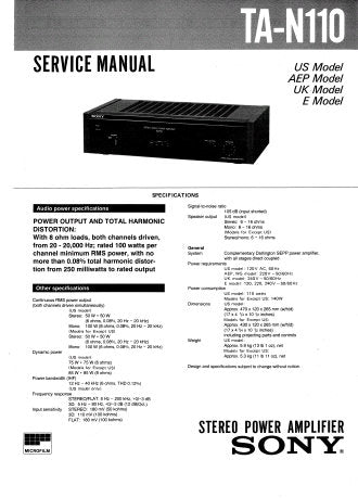SONY TA-N110 STEREO POWER AMPLIFIER SERVICE MANUAL INC BLK DIAG PCBS SCHEM DIAG AND PARTS LIST 11 PAGES ENG