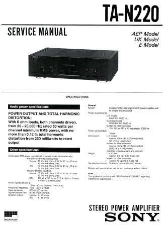 SONY TA-N220 STEREO POWER AMPLIFIER SERVICE MANUAL INC BLK DIAG PCBS SCHEM DIAG AND PARTS LIST 12 PAGES ENG