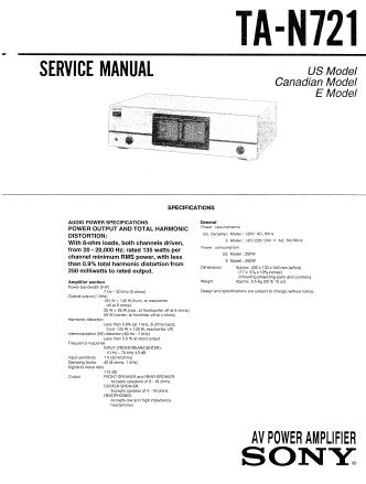 SONY TA-N721 AV POWER AMPLIFIER SERVICE MANUAL INC PCBS SCHEM DIAG AND PARTS LIST 16 PAGES ENG