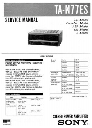 SONY TA-N77ES STEREO POWER AMPLIFIER SERVICE MANUAL INC PCBS SCHEM DIAG AND PARTS LIST 25 PAGES ENG
