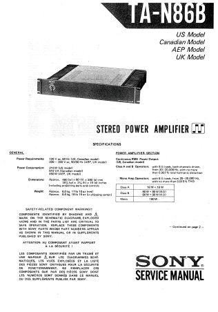 SONY TA-N86B STEREO POWER AMPLIFIER SERVICE MANUAL INC BLK DIAG PCBS SCHEM DIAG AND PARTS LIST 20 PAGES ENG