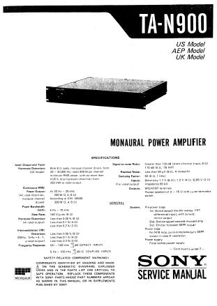 SONY TA-N900 MONAURAL POWER AMPLIFIER SERVICE MANUAL INC BLK DIAG PCBS SCHEM DIAG AND PARTS LIST 28 PAGES ENG