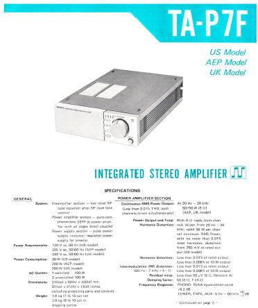 SONY TA-P7F INTEGRATED STEREO AMPLIFIER SERVICE MANUAL INC BLK DIAG PCBS SCHEM DIAGS AND PARTS LIST 25 PAGES ENG