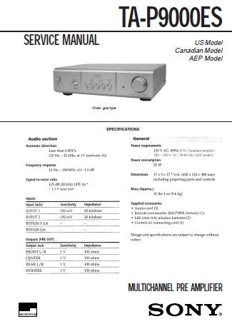 SONY TA-P9000ES MULTI CHANNEL PREAMPLIFIER SERVICE MANUAL INC PCBS SCHEM DIAG AND PARTS LIST 28 PAGES ENG