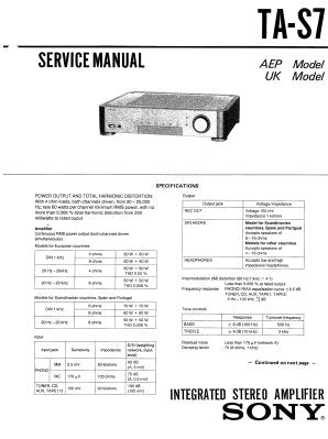SONY TA-S7 INTEGRATED STEREO AMPLIFIER SERVICE MANUAL INC BLK DIAG PCBS SCHEM DIAG AND PARTS LIST 26 PAGES ENG