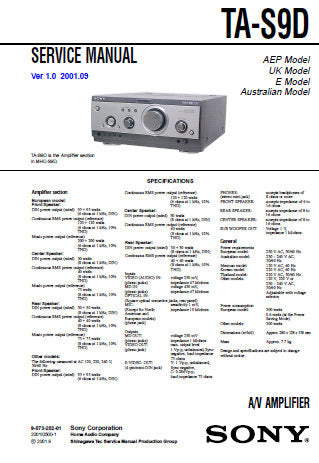 SONY TA-S9D AV AMPLIFIER SERVICE MANUAL INC PCBS SCHEM DIAGS AND PARTS LIST 28 PAGES ENG