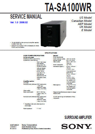 SONY TA-SA100WR SURROUND AMPLIFIER SERVICE MANUAL INC BLK DIAG PCBS SCHEM DIAGS AND PARTS LIST 38 PAGES ENG