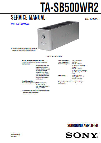 SONY TA-SB500WR2 SURROUND AMPLIFIER SERVICE MANUAL INC BLK DIAG PCBS SCHEM DIAGS AND PARTS LIST 30 PAGES ENG