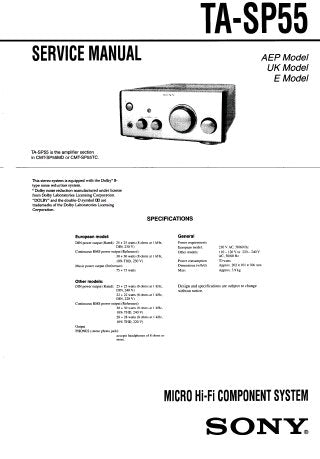 SONY TA-SP55 MICRO HIFI COMPONENT SYSTEM SERVICE MANUAL INC BLK DIAG PCBS SCHEM DIAGS AND PARTS LIST 25 PAGES ENG