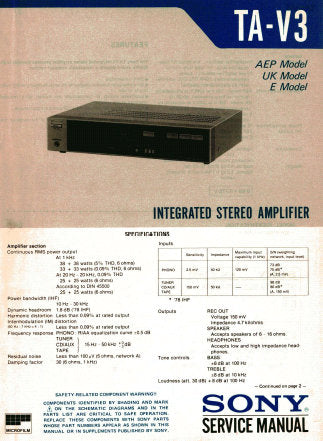 SONY TA-V3 INTEGRATED STEREO AMPLIFIER SERVICE MANUAL INC BLK DIAG PCBS SCHEM DIAG AND PARTS LIST 10 PAGES ENG
