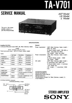 SONY TA-V701 STEREO AMPLIFIER SERVICE MANUAL INC PCBS SCHEM DIAG AND PARTS LIST 12 PAGES ENG