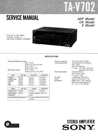 SONY TA-V702 STEREO AMPLIFIER SERVICE MANUAL INC PCBS SCHEM DIAG AND PARTS LIST 15 PAGES ENG