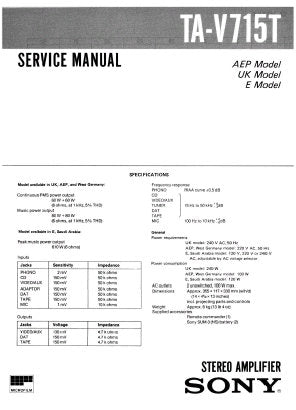 SONY TA-V715T STEREO AMPLIFIER SERVICE MANUAL INC PCBS SCHEM DIAGS AND PARTS LIST 17 PAGES ENG