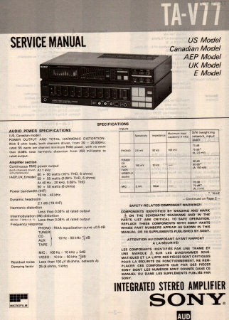 SONY TA-V77 INTEGRATED STEREO AMPLIFIER SERVICE MANUAL INC PCBS SCHEM DIAGS AND PARTS LIST 18 PAGES ENG