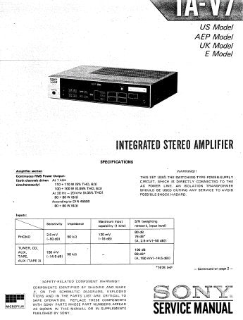 SONY TA-V7 INTEGRATED STEREO AMPLIFIER SERVICE MANUAL INC BLK DIAG PCBS SCHEM DIAGS AND PARTS LIST 19 PAGES ENG