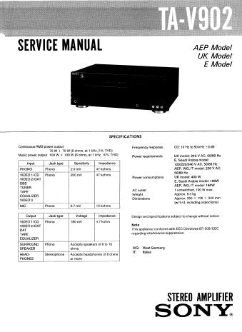 SONY TA-V902 STEREO AMPLIFIER SERVICE MANUAL INC PCBS SCHEM DIAG AND PARTS LIST 19 PAGES ENG