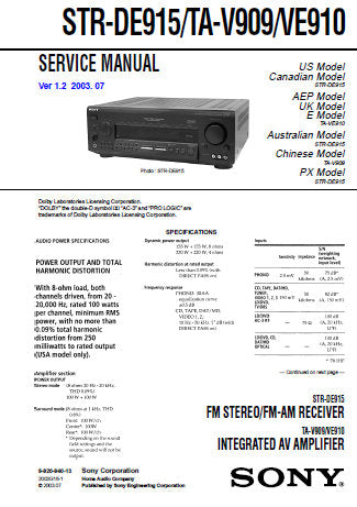 SONY TA-V909 TA-VE910 STR-DE915 INTEGRATED AV AMPLIFIERS FM STEREO FM AM RECEIVER SERVICE MANUAL INC PCBS SCHEM DIAGS AND PARTS LIST 56 PAGES ENG