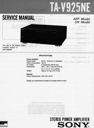 SONY TA-V925NE STEREO POWER AMPLIFIER SERVICE MANUAL INC PCBS SCHEM DIAG AND PARTS LIST 6 PAGES ENG