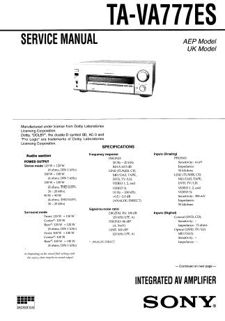 SONY TA-V777ES INTEGRATED AV AMPLIFIER SERVICE MANUAL INC BLK DIAGS PCBS SCHEM DIAGS AND PARTS LIST 78 PAGES ENG