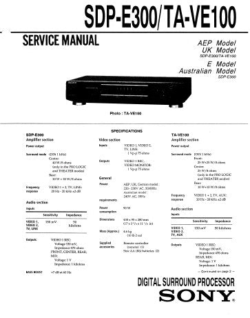 SONY TA-VE100 SDP-E300 DIGITAL SURROUND PROCESSOR SERVICE MANUAL INC PCBS SCHEM DIAG AND PARTS LIST 20 PAGES ENG