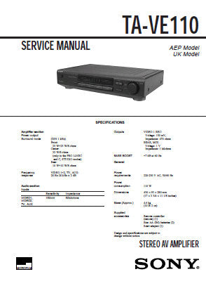 SONY TA-VE110 STEREO AV AMPLIFIER SERVICE MANUAL INC PCBS SCHEM DIAG AND PARTS LIST 12 PAGES ENG