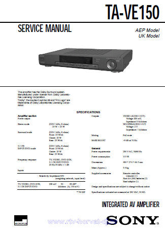 SONY TA-VE150 INTEGRATED AV AMPLIFIER SERVICE MANUAL INC BLK DIAG PCBS SCHEM DIAGS AND PARTS LIST 26 PAGES ENG