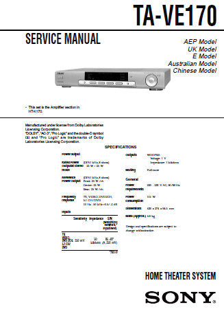 SONY TA-VE170 HOME THEATER SYSTEM SERVICE MANUAL INC BLK DIAG PCBS SCHEM DIAGS AND PARTS LIST 24 PAGES ENG