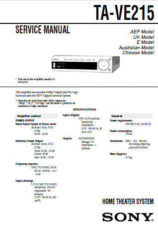 SONY TA-VE215 HOME THEATER SYSTEM SERVICE MANUAL INC BLK DIAGS PCBS SCHEM DIAGS AND PARTS LIST 30 PAGES ENG