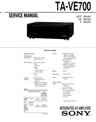 SONY TA-VE700 INTEGRATED AV AMPLIFIER SERVICE MANUAL INC PCBS SCHEM DIAGS AND PARTS LIST 29 PAGES ENG