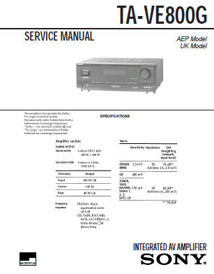 SONY TA-VE800G INTEGRATED AV AMPLIFIER SERVICE MANUAL INC PCBS SCHEM DIAGS AND PARTS LIST 59 PAGES ENG