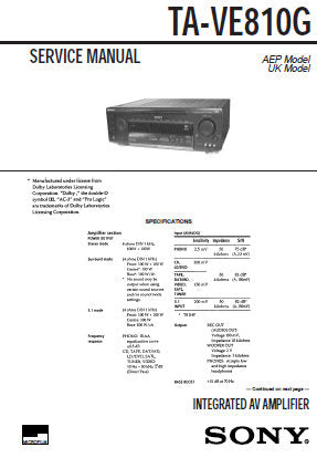SONY TA-VE810G INTEGRATED AV AMPLIFIER SERVICE MANUAL INC PCBS SCHEM DIAGS AND PARTS LIST 62 PAGES ENG