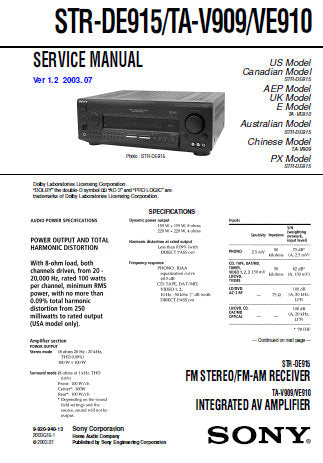SONY TA-VE910 TA-V909 STR-DE915 INTEGRATED AV AMPLIFIER SERVICE MANUAL INC BLK DIAG PCBS SCHEM DIAGS AND PARTS LIST 54 PAGES ENG