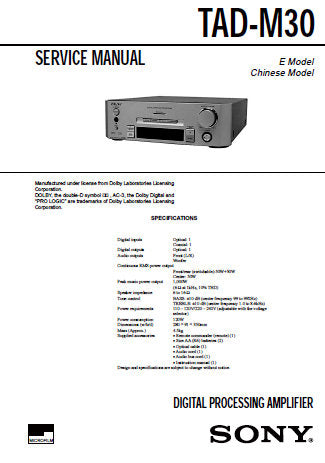SONY TAD-M30 DIGITAL PROCESSING AMPLIFIER SERVICE MANUAL INC BLK DIAGS PCBS SCHEM DIAGS AND PARTS LIST 35 PAGES ENG