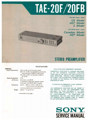 SONY TAE-20F TAE-20FB STEREO PREAMPLIFIER SERVICE MANUAL INC BLK DIAG PCBS SCHEM DIAG AND PARTS LIST 12 PAGES ENG