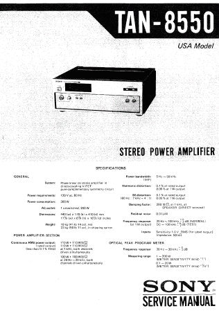 SONY TAN-8550 STEREO POWER AMPLIFIER SERVICE MANUAL INC BLK DIAG PCBS SCHEM DIAG AND PARTS LIST 21 PAGES ENG