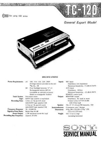 SONY TC-120 PORTABLE CASSETTE RECORDER SERVICE MANUAL INC BLK DIAG PCBS SCHEM DIAG AND PARTS LIST 17 PAGES ENG
